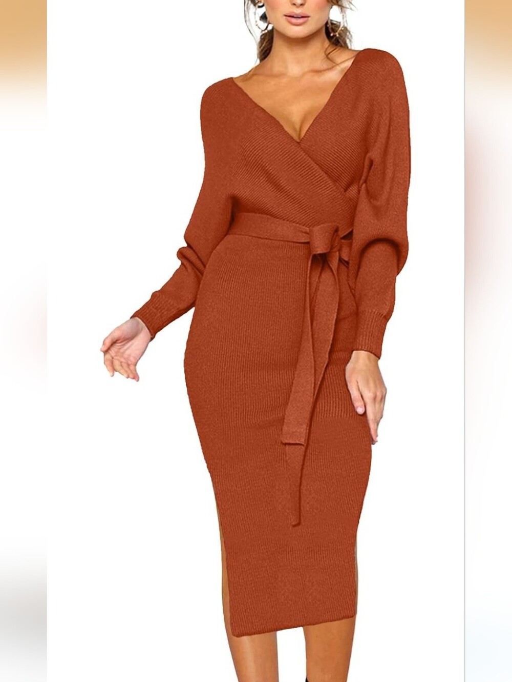 Cherfly Wrap-Style Ribbed Knit Midi Dress in Burnt Brick Brown Rust Plus Size 2X